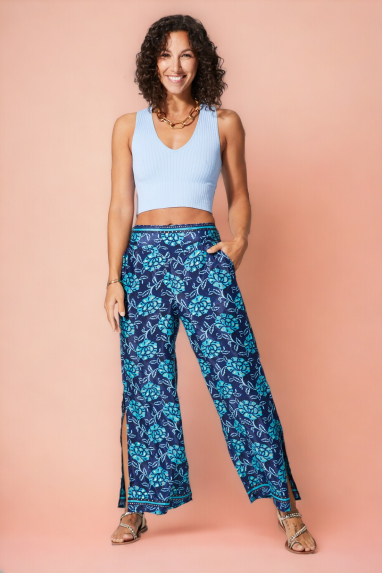 Pantalon bleu a fleurs coupe droite - PIP2003D