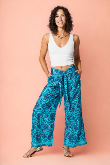 Pantalon bleu avec ceinture a nouer - PIP2004C